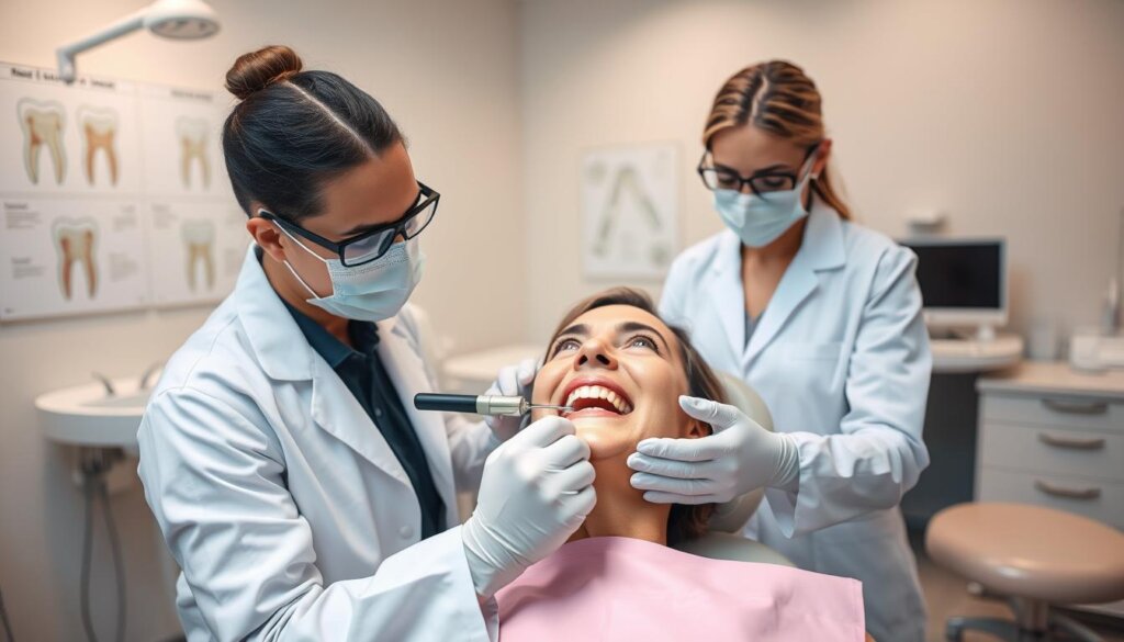 A clean, well-lit dental office setting with a patient undergoing a thorough teeth cleaning procedure. In the foreground, a dentist in a white coat carefully uses a scaler to remove plaque and tartar from the patient's teeth, while an assistant holds a suction device. In the middle ground, the patient's concerned but relieved expression conveys the importance of regular cleanings for maintaining oral health. The background features modern dental equipment, diagrams illustrating the process, and a calming, neutral color scheme to create a professional, reassuring atmosphere. Soft, diffused lighting illuminates the scene, highlighting the dentist's precision and the patient's comfort.