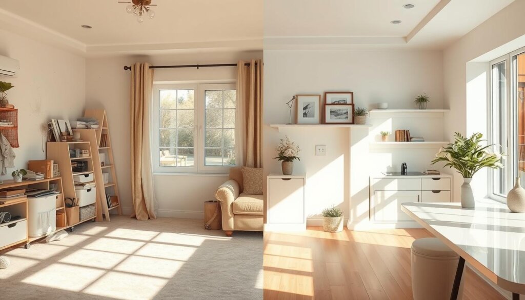 A clean, well-lit room with two contrasting sides. On the left, a cluttered space with dust-covered surfaces, cobwebs in corners, and a general sense of neglect. On the right, a meticulously organized area with gleaming surfaces, neatly arranged decor, and a refreshing atmosphere. The lighting is soft and warm, accentuating the differences between the two sides. The camera angle is slightly elevated, allowing the viewer to take in the full scope of the comparison. The overall mood is one of clarity, highlighting the key distinctions between deep cleaning and regular maintenance.