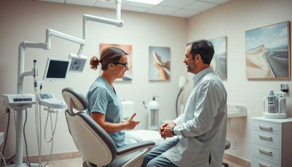 A clinical examination room with modern medical equipment, including a dental chair, x-ray machine, and various sedation options such as an anesthesia mask, IV stand, and nitrous oxide tank. The lighting is soft and calming, creating a serene atmosphere. In the foreground, a dentist or nurse gently explains the sedation options to a highly sensitive patient, who appears calm and relaxed. The background features soothing pastel-colored walls and calming artwork, conveying a sense of safety and comfort. The scene is captured with a wide-angle lens, emphasizing the overall tranquil environment designed to alleviate the patient's anxiety.