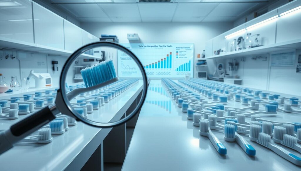 A clinical laboratory setting, with rows of toothbrushes neatly arranged on pristine white countertops. Bright, directional lighting illuminates the scene, casting subtle shadows that accentuate the brushes' bristles and handles. In the foreground, a magnifying glass hovers over a single toothbrush, its intricate details meticulously examined. In the middle ground, a series of charts and graphs depict data on plaque removal, gum health, and overall cleaning effectiveness. The background showcases various scientific instruments, beakers, and other tools, conveying an atmosphere of rigorous research and analysis. The overall mood is one of clinical precision, emphasizing the scientific inquiry into the efficacy of different toothbrush designs.
