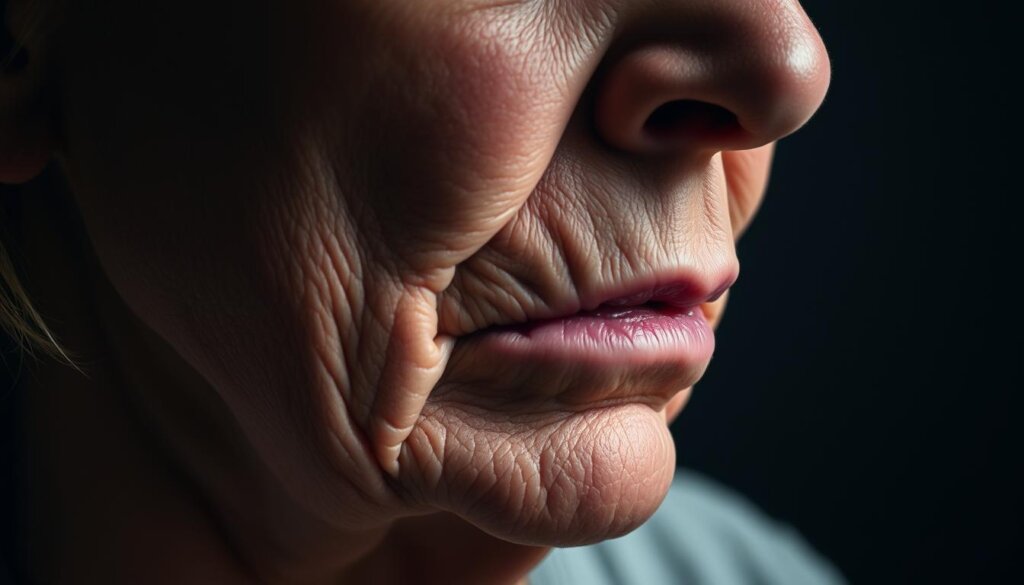 A close-up portrait of sagging skin and excess fat under the chin, known as "jowls". The subject is lit from the side, casting dramatic shadows and highlighting the textural details of the loose, wrinkled skin. The focus is sharp on the jawline, with a slightly blurred background to draw the eye. The overall mood is pensive, emphasizing the physiological changes associated with aging. The image should convey a clear understanding of the anatomical features that define jowls, serving as a visual reference for the article's section on this condition.