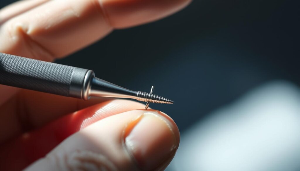 A close-up view of a dentist's hand holding a periodontal probe, its metal tip delicately examining the gum line. The probe's precise markings are clearly visible, as it measures the depth of the gingival sulcus, a crucial diagnostic tool for evaluating periodontal health. The image is lit from the side, casting dramatic shadows that accentuate the instrument's form and the dentist's careful movements. The background is blurred, keeping the focus solely on the specialized periodontal probe and the dentist's skilled manipulation of it.