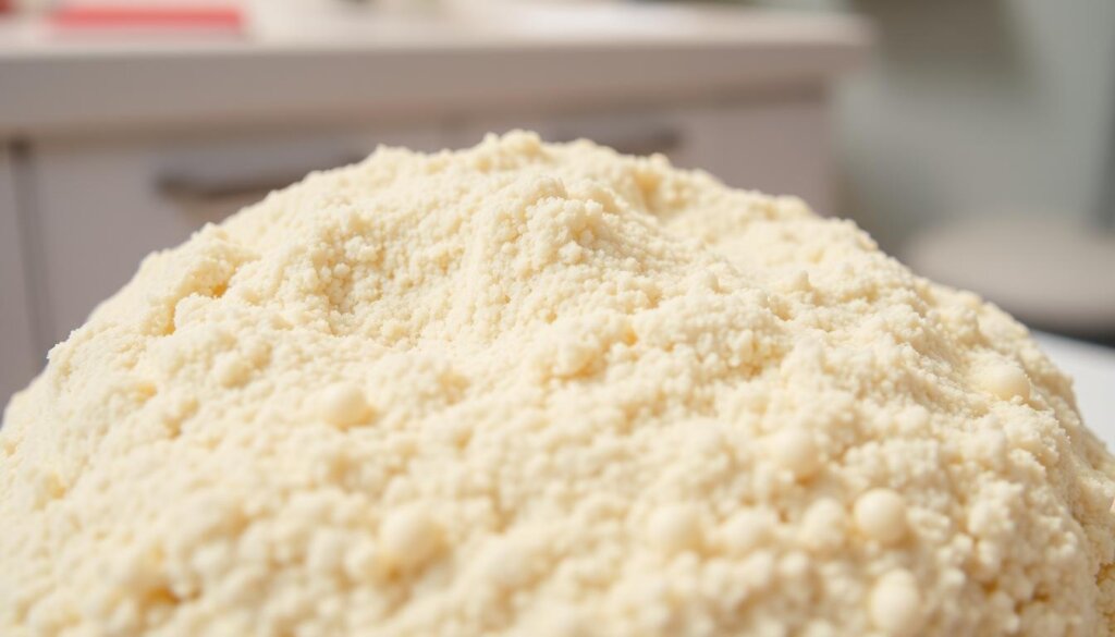 A close-up view of a gritty, granular paste for teeth polishing. The foreground depicts the paste's coarse, abrasive texture, with a mix of white, beige, and slightly off-white hues. The middle ground showcases the paste's viscous, spreadable consistency, while the background suggests a clean, clinical setting, potentially a dentist's office or a bathroom vanity. Warm, direct lighting casts shadows and highlights the paste's gritty, uneven surface, emphasizing its effectiveness in removing stains and plaque during a professional dental cleaning.