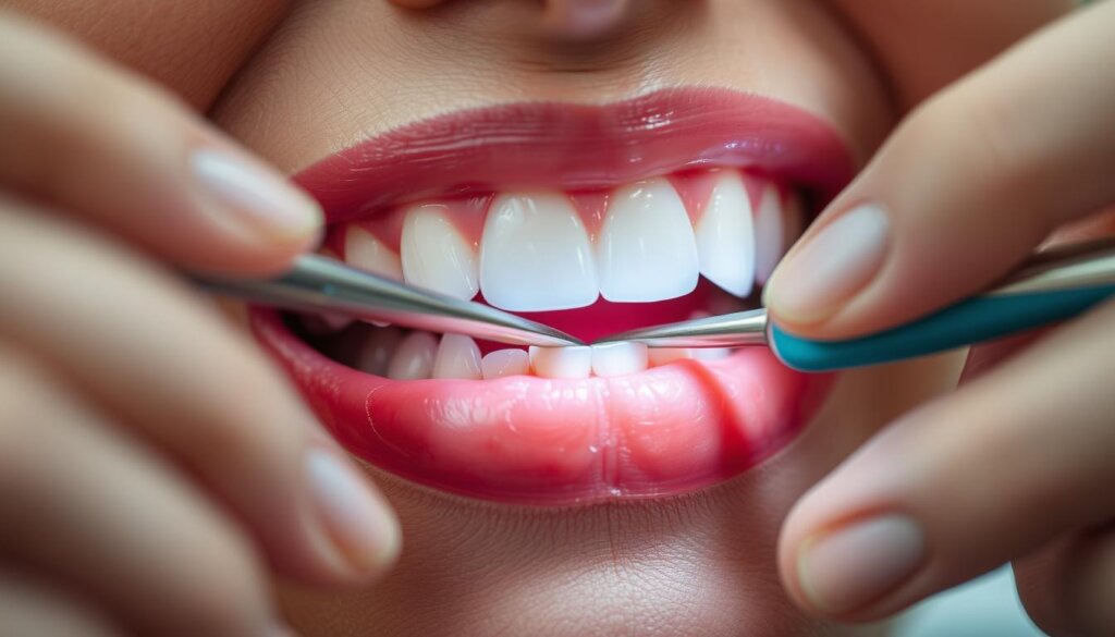 A close-up view of a set of pristine teeth being meticulously cleaned by a dental hygienist. The hygienist's hands are gently guiding a dental tool, removing plaque and debris with precision. The lighting is soft and diffused, creating a calming, clinical atmosphere. The background is blurred, keeping the focus on the intricate cleaning process. The overall scene conveys a sense of care, attention to detail, and a deeper understanding of the importance of proper dental hygiene.