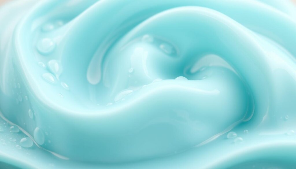 A close-up view of a thick, creamy fluoride-infused dental hygiene foam, swirling and bubbling with a vibrant blue-green hue. The foam has a smooth, shiny texture and appears light and airy, with tiny air bubbles visible throughout. The foam is illuminated by soft, diffused lighting, casting subtle highlights and shadows that accentuate its fluffy, cloud-like appearance. The background is blurred, keeping the focus on the captivating fluoride foam and its mesmerizing flow.