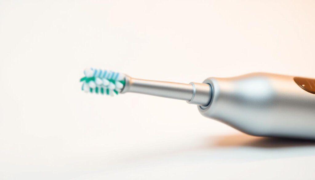 A close-up view of an electric toothbrush, with its sleek design and high-tech features prominently displayed. The brush head is visible, showcasing the intricate arrangement of soft bristles that gently yet thoroughly clean teeth. The handle features a matte finish, with subtle contours that fit comfortably in the hand. Ambient lighting casts a warm glow, highlighting the toothbrush's precision engineering and attention to detail. In the background, a crisp, clean white surface provides a minimalist backdrop, allowing the electric toothbrush to be the central focus of the image. The overall scene conveys a sense of modern, efficient dental hygiene.