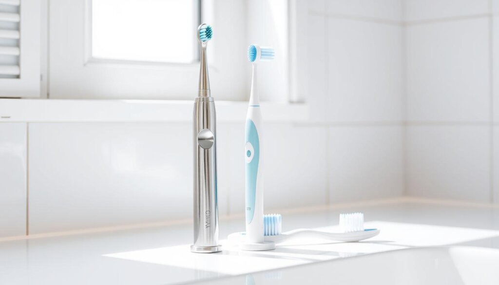 A comparison of an electric toothbrush and a manual toothbrush, placed side-by-side on a clean, white bathroom counter. The electric toothbrush is sleek and modern, with a chrome handle and oscillating head. The manual toothbrush is classic, with a simple, ergonomic design. Soft natural light streams in from a window, illuminating the brushes and creating subtle shadows. The scene conveys a sense of cleanliness, efficiency, and the contrast between the two brushing experiences. The image is captured at a slight angle, highlighting the unique features and functionality of each toothbrush.