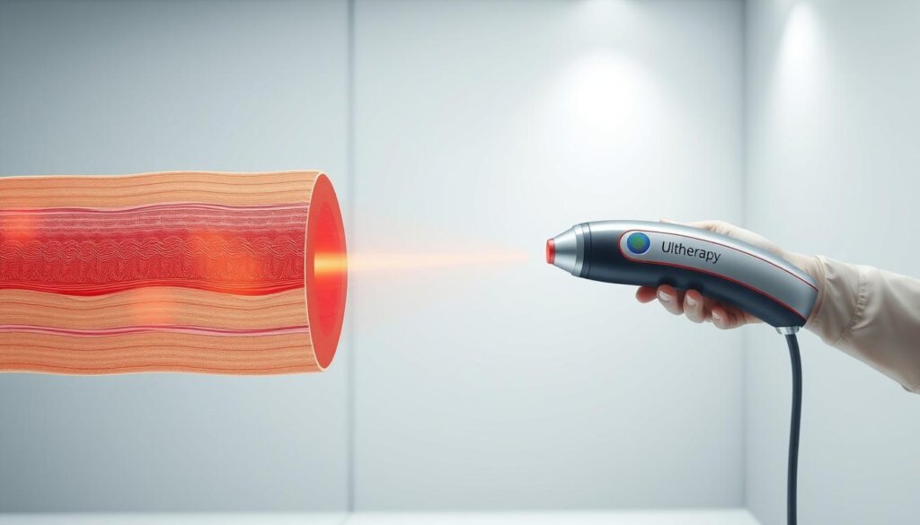 A crisp, high-resolution medical illustration showcasing the Ultherapy treatment process. In the foreground, a detailed cross-section of the skin layers, highlighting the focused ultrasound energy precisely targeting the deeper tissue for collagen stimulation. In the middle ground, a close-up view of the handheld Ultherapy device, its sleek design and ergonomic shape conveying the technological sophistication. The background features a serene, minimalist medical setting with clean lines and a muted color palette, emphasizing the clinical precision of the procedure. Soft, directional lighting casts subtle shadows, accentuating the three-dimensional depth and anatomical accuracy. An air of professionalism and scientific authority permeates the entire scene.
