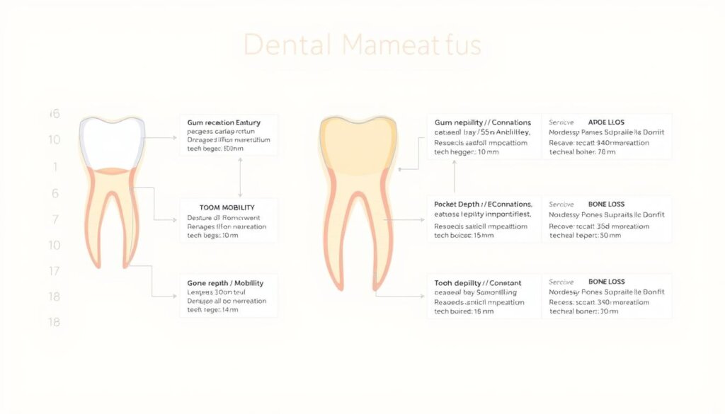 A dental chart displaying a comprehensive set of measurements related to tooth loss, including gum recession, tooth mobility, pocket depth, and bone loss. The chart is rendered in a clean, medical illustration style with a neutral background, allowing the key data points to be the focal point. Precise, technical annotations highlight the specific metrics used by dentists to track and monitor oral health. The overall tone is informative and educational, conveying the importance of these measurements in maintaining healthy teeth and gums.