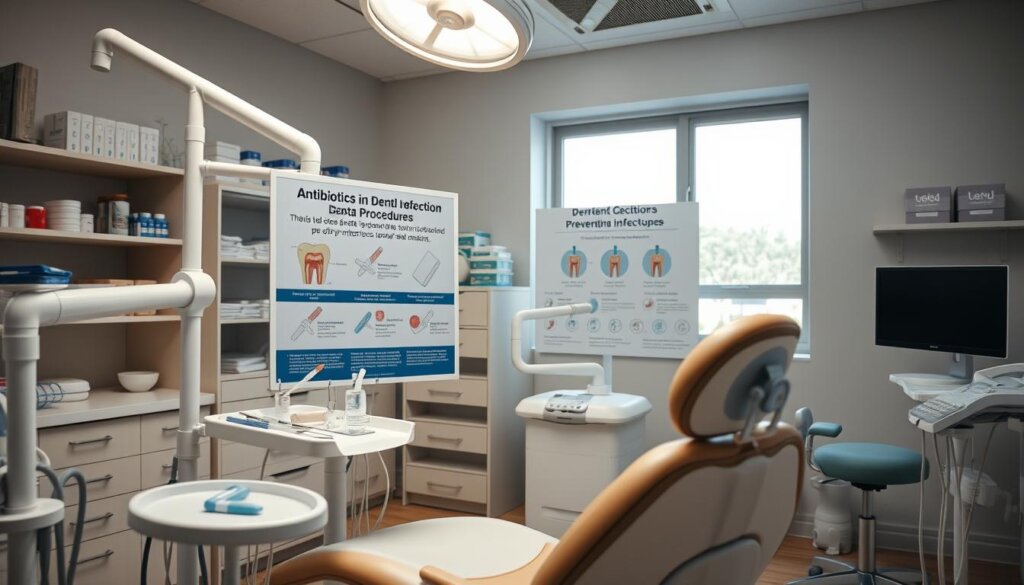 A dental office interior, with a dentist's chair in the foreground. The chair is surrounded by various medical instruments and equipment, including a tray of dental tools, a suction device, and a bright overhead light. In the middle ground, a display board showcases information about the role of antibiotics in dental procedures, with diagrams and text explaining their importance in preventing infections. The background features shelves of medical supplies and a window providing natural light, creating a clean, professional atmosphere.