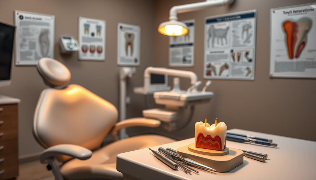 A dental office setting with a dentist's chair in the foreground, illuminated by warm, focused lighting. On a nearby table, surgical instruments and a tooth model are neatly arranged, indicating the focus on a tooth extraction procedure. In the background, medical diagrams and posters hang on the walls, providing visual cues about the specific considerations for tooth extractions. The overall scene conveys a sense of professionalism, attention to detail, and the specialized nature of the dental treatment.
