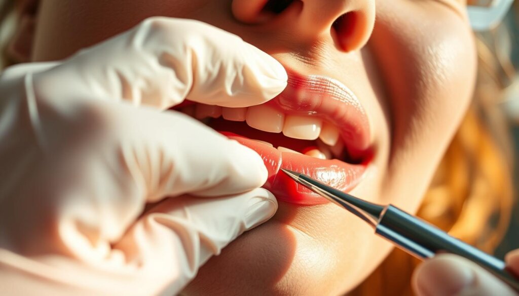 A dental professional's hand gently parts a patient's lips, revealing their gums. The scene is captured in crisp, high-resolution detail, illuminated by warm, natural lighting that casts soft shadows. The camera angle is from an eye-level perspective, creating an immersive, up-close view of the examination process. The focus is on the dentist's careful measurement of the patient's gum recession, with a small ruler or probe visible in the frame, providing scale and technical context. The overall mood is one of clinical precision and medical attention, conveying the importance of this diagnostic step in the article's subject.