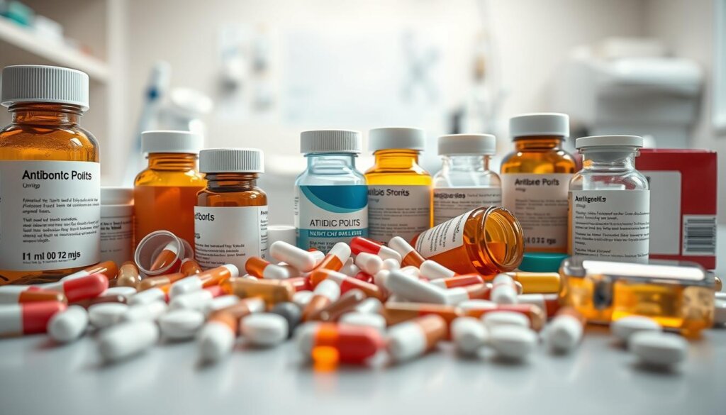 A detailed close-up of an assortment of antibiotics and medications, including capsules, tablets, and liquids, set against a soft, blurred background of a medical clinic or dentist's office. The items are arranged in a visually appealing composition, with a focus on the different shapes, colors, and textures of the pharmaceutical products. The lighting is soft and diffused, creating a sense of warmth and professionalism. The overall mood is one of care, attention to detail, and medical expertise, conveying the importance of proper medication management for individuals with heart conditions who require dental procedures.