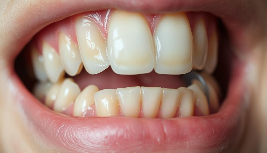 A detailed close-up of human teeth in a state of sensitivity after a recent dental cleaning. The gums appear slightly inflamed, with a reddish-pink hue. The teeth have a slight translucent quality, suggesting increased sensitivity. The lighting is soft and diffused, creating a sense of vulnerability and discomfort. The focus is sharp on the teeth and gums, with a slightly blurred background to emphasize the central subject. The overall mood is one of mild distress, reflecting the temporary nature of post-cleaning dental sensitivity.