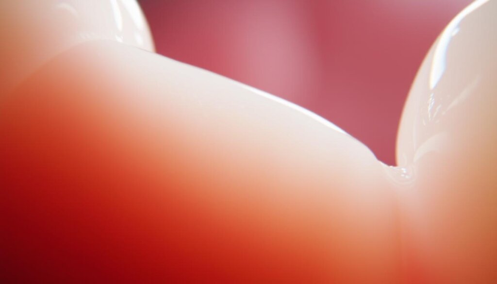 A detailed close-up view of teeth enamel under a microscope lens, capturing the intricate microscopic structure and texture. The lighting is soft and diffused, creating a mood of scientific investigation. In the foreground, the teeth surface appears smooth and polished, while the middle ground reveals tiny cracks, pits, and grooves that may contribute to sensitivity. The background is blurred, suggesting the complexity of factors that can influence sensitivity levels, such as tooth structure, oral hygiene, and environmental factors. The overall atmosphere evokes a sense of exploration and understanding of the delicate nature of dental health.
