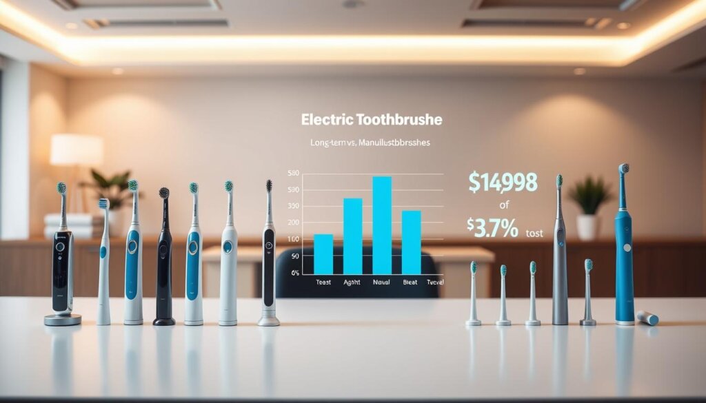 A detailed cost analysis of electric toothbrushes, displayed on a sleek, minimalist desk. In the foreground, a row of various electric toothbrush models, their costs and features presented in a clear, infographic-style layout. In the middle ground, a stylized bar graph compares the long-term costs of electric vs. manual toothbrushes. The background features a clean, modern office setting with warm, directional lighting, creating a professional, data-driven atmosphere. The color palette is muted, with pops of blue and green to highlight the key information. The overall composition is balanced, drawing the viewer's eye to the core cost analysis data.