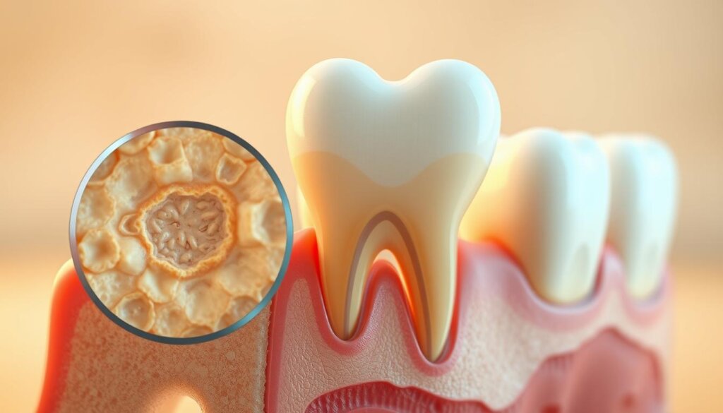 A detailed cross-section of healthy human teeth, showcasing the various anatomical layers that contribute to their texture and appearance. In the foreground, a magnified view of the tooth enamel, dentin, and cementum, capturing the intricate patterns and subtle variations in their surfaces. In the middle ground, a semi-transparent rendering of the pulp chamber and nerve endings, emphasizing their role in tooth sensitivity. The background features a soft, neutral-toned environment, allowing the viewer to focus on the technical details of the teeth's structure. Rendered with a combination of photorealistic and technical illustration styles, using a shallow depth of field and warm, natural lighting to create a sense of scientific study and clinical precision.