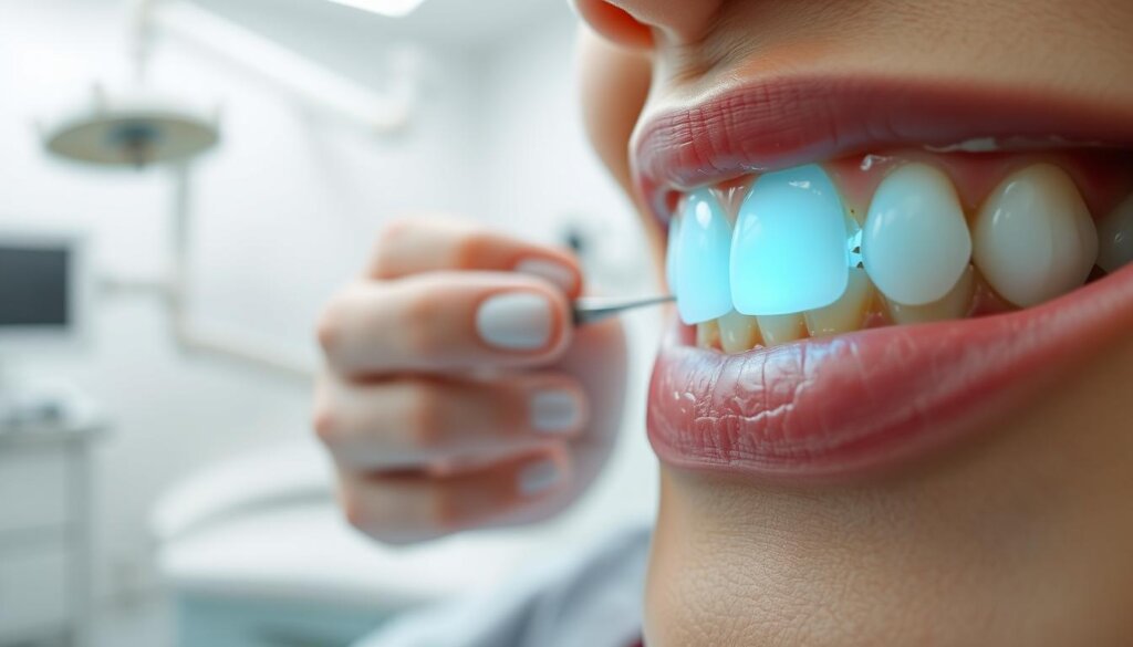 A detailed dental clinic scene with a closeup of a patient's teeth, showcasing the sensitivity that can occur after a thorough dental cleaning. The foreground features a set of slightly inflamed, sensitive-looking teeth, with a faint bluish-white light highlighting the exposed dentin. The middle ground shows a dental hygienist's hands gently probing the teeth, while the background depicts a clean, modern dental operatory with state-of-the-art equipment and soft, indirect lighting, conveying a sense of care and professionalism. The overall mood is one of clinical examination and the patient's experience of post-cleaning sensitivity.