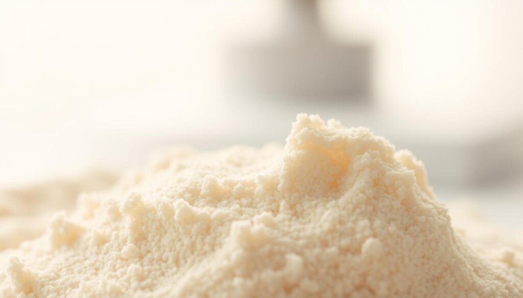 A gritty, textured dental paste sits in the foreground, with a soft, hazy light illuminating its rough, granular surface. The paste is off-white in color, with subtle variations in shade and tone, suggesting the presence of abrasive particles. In the middle ground, the paste is shown in a close-up, revealing the intricate, microscopic details of its composition. The background is slightly out of focus, creating a sense of depth and emphasizing the focal point of the paste. The overall mood is one of clinical precision and attention to detail, reflecting the professional nature of the dental cleaning process.