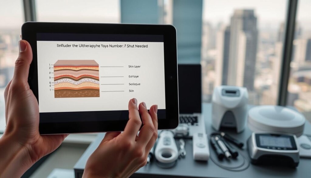 A high-contrast, close-up image of various factors influencing the number of Ultherapy shots needed, captured with a sharp, wide-angle lens. In the foreground, a hand holds a tablet displaying a diagram of the skin layers and underlying musculature. In the middle ground, medical devices and accessories associated with Ultherapy treatments are arranged neatly. In the background, a blurred cityscape suggests a professional clinical setting. The lighting is clean and directional, emphasizing the technical, scientific nature of the subject matter. The overall mood is one of informative clarity, guiding the viewer through the key elements that impact the Ultherapy treatment process.