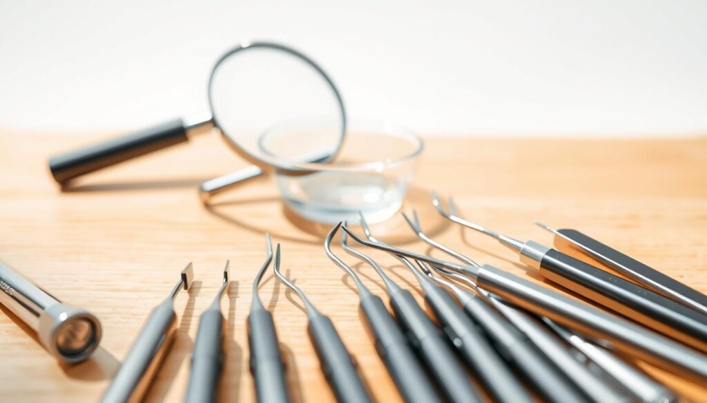 A high-resolution, detailed image of dental hygienist's tools for scaling and root planing, showcased on a bright, well-lit wooden table. In the foreground, precision dental scalers and curettes of various sizes and shapes, their metal surfaces reflecting the light. In the middle ground, a magnifying glass and a small bowl filled with cleaning solution. In the background, a clean, white backdrop that emphasizes the professional, clinical atmosphere. The lighting is soft and natural, creating subtle shadows that accentuate the tools' textures and forms. The overall composition conveys the importance and care required for this delicate dental procedure.