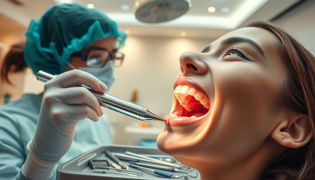 A meticulously detailed interior scene of a modern dental clinic, brightly lit with soft, diffuse overhead lighting. In the foreground, a professional dental hygienist carefully cleaning a patient's teeth using a high-precision ultrasonic scaler, the reflective metal instrument glinting in the light. The patient's mouth is open wide, revealing the intricate anatomy of the teeth and gums. In the middle ground, various dental instruments and tools are neatly arranged on a tray, conveying the importance of proper dental care. The background depicts a calming, serene environment with soothing pastel-colored walls, comfortable seating, and subtle decorative elements that put the patient at ease. The overall scene emphasizes the crucial role of regular dental cleanings in maintaining optimal oral health.