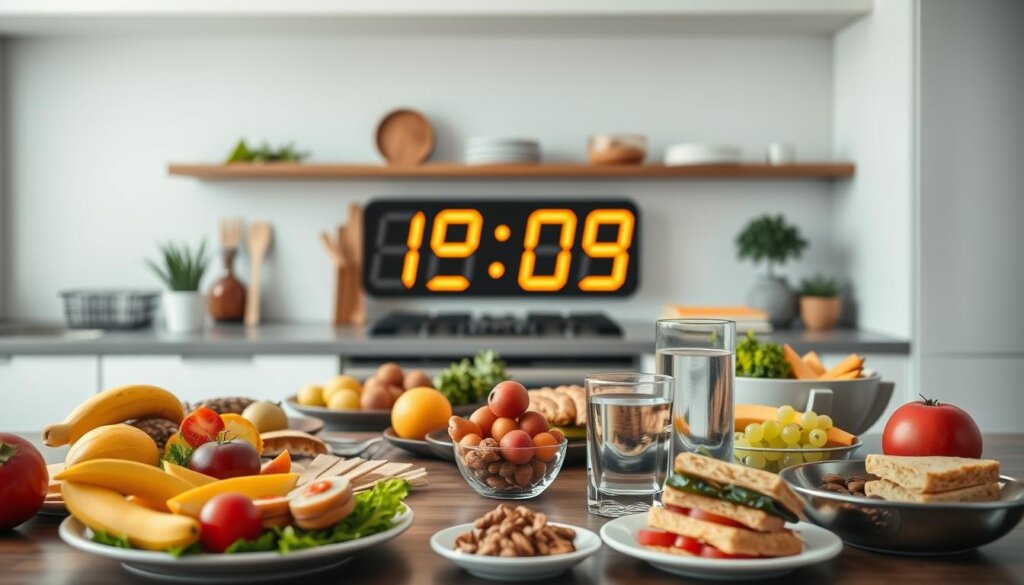 A modern kitchen scene with a digital clock display showing the time, against a backdrop of various healthy meals and snacks. The clock is the focal point, casting a warm glow across the scene. The foreground features neatly arranged plates of fresh fruits, vegetables, sandwiches, and a glass of water. In the middle ground, cookbooks, kitchen utensils, and a bowl of nuts create a sense of culinary preparation. The background showcases a clean, well-lit interior with minimalist decor, emphasizing the importance of timing and nutrition. The overall atmosphere conveys a sense of balance, organization, and mindfulness around when and how to nourish the body.
