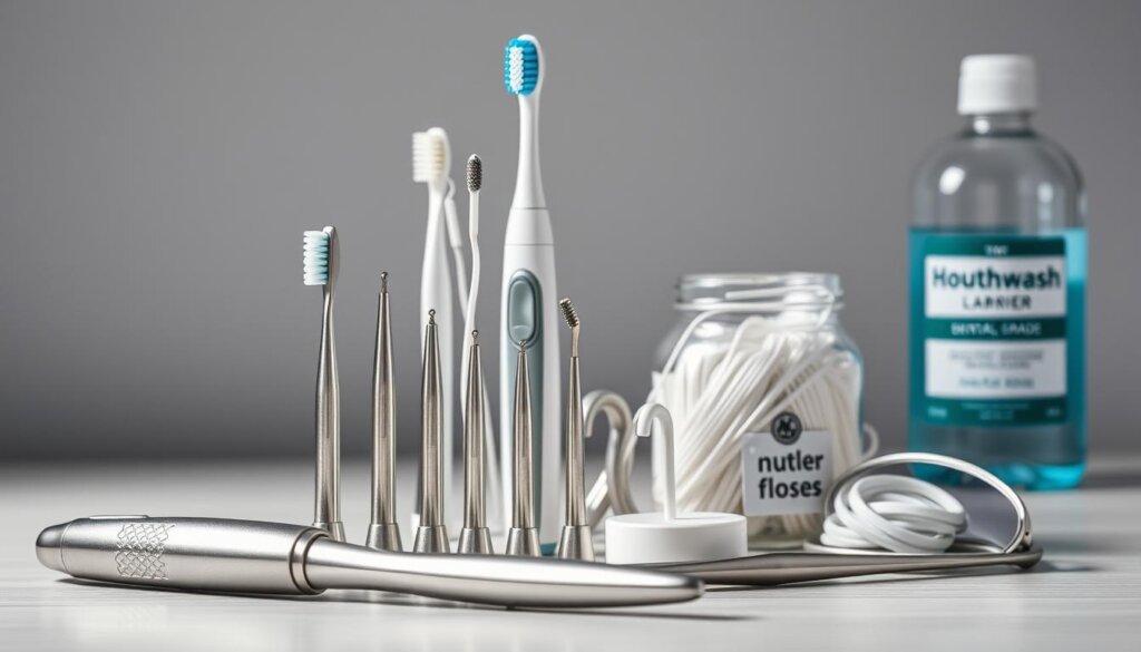 A neatly arranged collection of essential dental cleaning tools, meticulously captured under soft, directional lighting. In the foreground, a sleek, stainless steel dental scaler and a set of interdental brushes in varying sizes. In the middle ground, a high-quality electric toothbrush with different brush heads, and a small, ergonomic dental mirror. In the background, a glass jar filled with dental floss in an assortment of flavors, and a bottle of professional-grade mouthwash. The composition emphasizes the importance and functionality of these tools, creating a sense of professionalism and attention to detail.