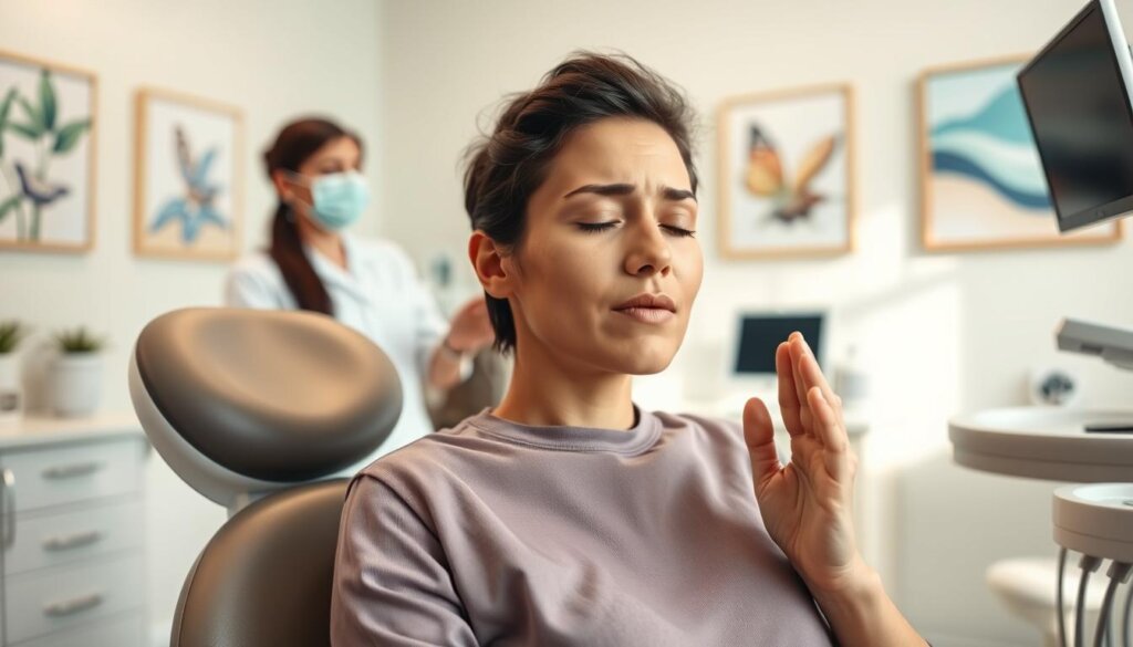 A patient sitting in a dental chair, looking slightly anxious but determined. In the foreground, they are practicing deep breathing techniques, with their eyes closed and a serene expression. In the middle ground, a dentist or hygienist is standing nearby, offering a reassuring hand. The background is a clean, well-lit dental office, with soothing pastel colors and calming artwork on the walls. The lighting is soft and natural, creating a sense of comfort and safety. The overall mood is one of mindfulness, empowerment, and the patient's ability to overcome their gag reflex through effective coping strategies.