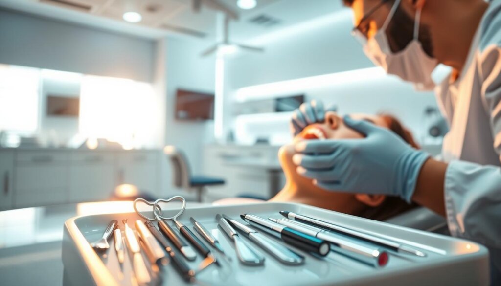 A professional dental clinic, bathed in warm, soft lighting. In the foreground, a dentist examines a patient's mouth, assessing the condition of their teeth and gums. In the middle ground, various dental tools and instruments are neatly organized on a tray, ready to be used. In the background, a clean, modern interior with sleek, minimalist decor, conveying a sense of professionalism and attention to detail. The atmosphere is calming and inviting, reflecting the care and expertise of the dental practitioners. The image should inspire confidence in the viewer, suggesting that this clinic offers comprehensive solutions for bad breath and other oral health concerns.