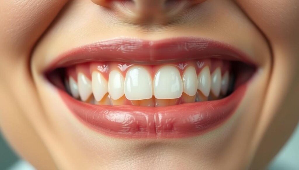 A serene, close-up view of a person's mouth after a professional dental cleaning. The teeth appear brighter, smoother, and more polished, reflecting a warm, ambient light. The gums are slightly pink and healthy-looking, with a subtle sheen. The lips are slightly parted, revealing the freshly cleaned dentition. The overall mood is one of calm, comfort, and a sense of refreshed oral hygiene.