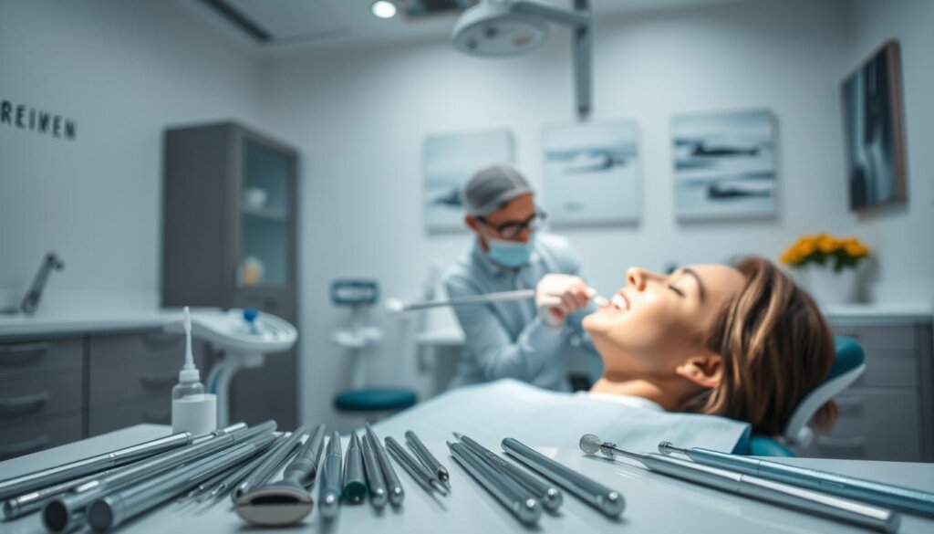 A serene dental clinic interior, with a patient reclined in the chair and a dentist attentively examining their teeth. Soft, diffused lighting illuminates the scene, creating a calming atmosphere. In the foreground, a variety of dental tools and instruments are neatly arranged, conveying a sense of professionalism and care. The middle ground features the dentist gently inspecting the patient's teeth, while the background showcases soothing pastel-colored walls and calming artwork. The composition emphasizes the dentist's gentle approach, aimed at preventing post-cleaning sensitivity and ensuring the patient's comfort.