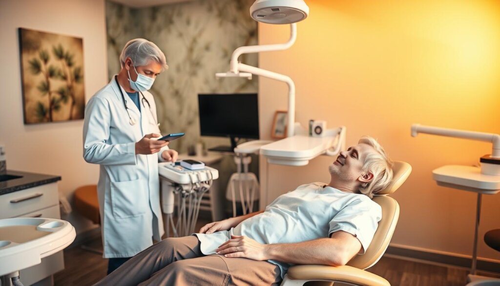 A serene dental office interior, bathed in warm, calming lighting. In the foreground, a patient reclines comfortably in a dentist's chair, undergoing a relaxing sedation procedure. The dentist and assistant, wearing sterile attire, attend to the patient with gentle, reassuring gestures. In the middle ground, the office is outfitted with modern, state-of-the-art dental equipment, conveying a sense of professionalism and advanced care. The background features soothing, nature-inspired decor, creating an atmosphere of tranquility and comfort, typical of sedation dentistry practices in the United States.