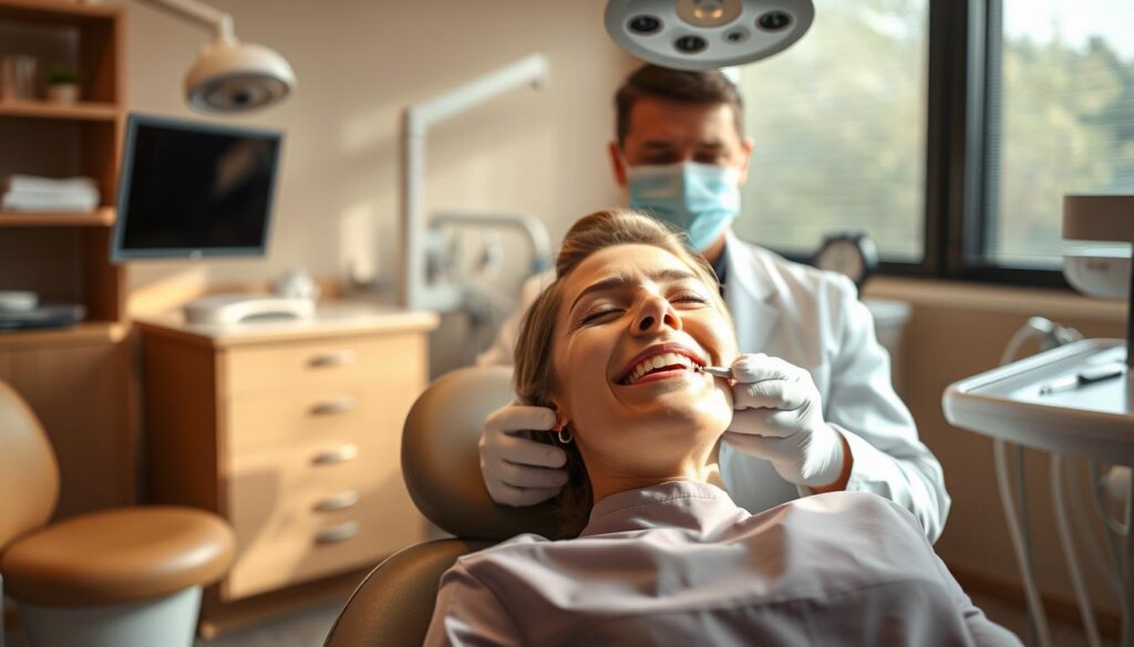 A serene dental office interior with a patient in a comfortable chair, their mouth gently open as a dentist in a white coat and mask performs a thorough yet gentle cleaning. The patient's eyes are closed, their expression relaxed, indicating the calming effects of dental sedation. Warm, natural lighting floods the scene, creating a soothing ambiance. In the background, state-of-the-art dental equipment and tools are neatly arranged, conveying a sense of professionalism and care. The overall atmosphere is one of tranquility and trust, highlighting the benefits of sedation during a routine dental cleaning.
