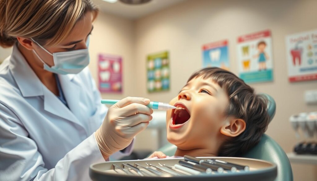 A spacious, well-lit dental clinic interior. In the foreground, a child sits in a comfortable dental chair, their mouth open as a dentist applies a clear, viscous fluoride treatment. The dentist wears a crisp white coat, and the child's face exudes trust and comfort. In the middle ground, various dental instruments and tools are neatly arranged on a tray. The background features calming, natural-toned walls adorned with colorful, educational dental health posters. Soft, diffused lighting creates a warm, reassuring atmosphere, emphasizing the importance of this routine dental procedure for the child's oral health and development.