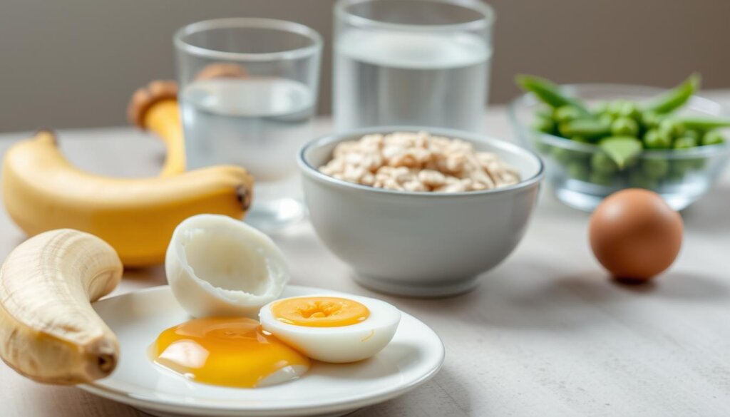 A still life arrangement of various soft, easily digestible foods suitable for consumption before a dental visit. In the foreground, a plate of plain yogurt, a banana, and a soft-boiled egg. In the middle ground, a bowl of oatmeal with a drizzle of honey. In the background, a glass of water and a handful of steamed peas. Soft, diffused lighting creates a calming, clinical atmosphere, captured from a slightly elevated angle to showcase the nourishing, dentist-approved meal. The palette is muted, earthy tones complementing the simple, unprocessed ingredients.