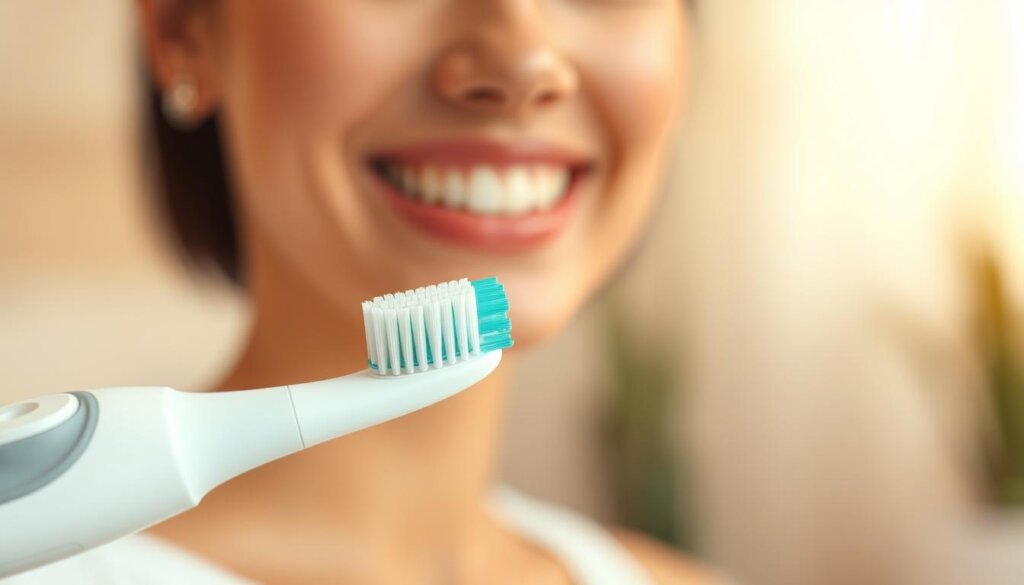 A vibrant, high-resolution image showcasing the benefits of electric toothbrushes. In the foreground, a modern electric toothbrush glides smoothly across pristine white teeth, its bristles gently but effectively removing plaque and debris. The middle ground depicts a person's smiling face, radiating confidence and a sense of oral hygiene accomplishment. In the background, a soft, warm-toned environment evokes a serene, spa-like atmosphere, emphasizing the relaxing and therapeutic nature of proper dental care. The lighting is soft and diffused, highlighting the clean, polished look of the teeth and the refined, minimalist design of the electric toothbrush. The overall scene conveys the superior cleaning power, convenience, and overall health benefits of using an electric toothbrush compared to a manual one.