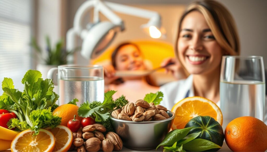 A visually striking and informative illustration showcasing the dietary considerations for optimal dental health. In the foreground, a vibrant array of healthy foods - crisp green leafy vegetables, juicy citrus fruits, crunchy nuts, and refreshing water - symbolizing the vital nutrients required for strong teeth and gums. In the middle ground, a serene dental clinic setting, with a dentist examining a patient's teeth under warm, soft lighting. In the background, a subtly blurred image of a smiling individual, conveying the confidence and happiness that comes with maintaining good oral hygiene through a balanced diet. The composition emphasizes the connection between dietary choices and long-term dental well-being, capturing the essence of the "Dietary Considerations for Dental Health" section.