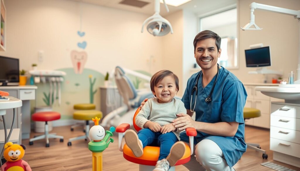 A warm, inviting dental office with a cheerful, child-friendly atmosphere. In the foreground, a young patient sits in a colorful chair, surrounded by whimsical dental instruments and toys. A pediatric dentist, wearing a bright, welcoming smile, kneels beside the child, gently explaining the importance of early dental care. In the middle ground, a mural depicting healthy, happy teeth and gums adorns the wall, reinforcing the educational message. The background features a well-equipped, state-of-the-art dental operatory, with modern equipment and soothing natural lighting, conveying a sense of professionalism and care. The overall scene emphasizes the comfort, trust, and developmental significance of early dental visits for children.