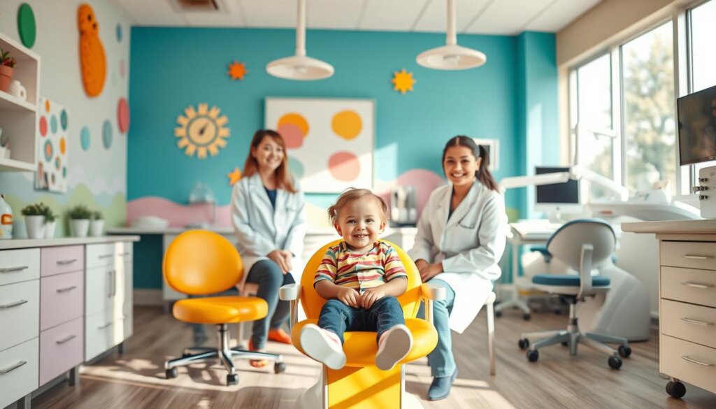 A warm, inviting pediatric dentistry office with a calming atmosphere. In the foreground, a young child sits comfortably in a colorful, child-sized dental chair, surrounded by friendly, attentive pediatric dentists in white coats. The middle ground features vibrant, whimsical wall decor with playful shapes and patterns, creating a sense of comfort and fun. The background showcases a well-equipped, modern dental operatory with state-of-the-art equipment, softly lit by natural light streaming through large windows. The overall scene conveys a welcoming, nurturing environment that puts young patients at ease during their dental visit.