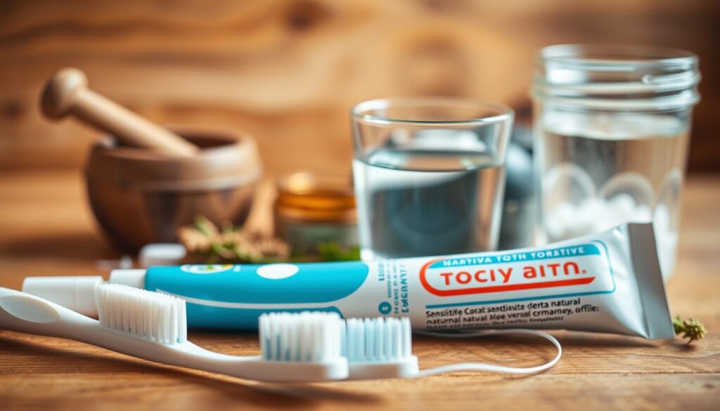 A warm, natural-tinted close-up of a variety of dental care products arranged on a wooden surface. In the foreground, a soft-bristled toothbrush, dental floss, and a tube of sensitive toothpaste. The middle ground features a glass of water and a small jar of natural tooth-soothing ingredients like aloe vera and chamomile. In the background, blurred but visible, a jar of salt and a mortar and pestle, suggesting homemade remedies. The lighting is gentle, diffused, and inviting, creating a soothing, serene atmosphere. The overall composition emphasizes the care and natural solutions for post-cleaning dental sensitivity.