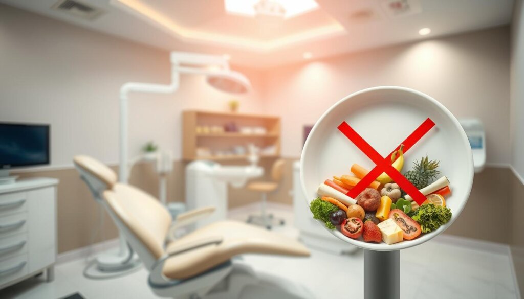 A well-lit clinical interior, with a dentist's chair and dental equipment in the foreground. In the middle ground, a visual representation of dietary restrictions, such as a plate with various healthy and unhealthy food items, highlighting what patients should and should not consume before a dental appointment. The background features calming, neutral-toned walls and medical accents, conveying a professional, health-focused atmosphere. Soft, directional lighting illuminates the scene, casting gentle shadows and emphasizing the importance of proper dental care and preparation.