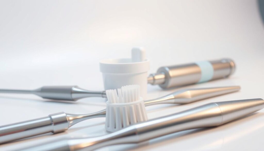 A well-lit close-up of a dental hygienist's workbench, featuring an assortment of professional dental cleaning tools and supplies. In the foreground, a gleaming metal scaler, dental mirror, and toothbrush are neatly arranged. The middle ground showcases a high-powered electric prophy handpiece and a container of prophylaxis paste. In the background, a crisp white backdrop creates a clean, clinical atmosphere, highlighting the precise and meticulous nature of the dental prophylaxis procedure. The lighting is soft and even, accentuating the metallic sheen of the instruments and the pristine, sterile environment. The overall composition conveys a sense of professionalism, attention to detail, and the importance of proper dental hygiene.