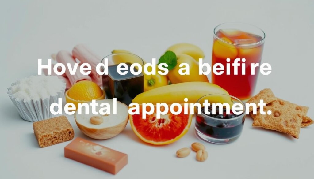 A well-lit, close-up photograph of an assortment of foods that should be avoided before a dental appointment, including sugary treats, acidic fruits, staining beverages, and crunchy snacks, arranged on a clean white surface. The items are presented in a natural, visually appealing manner, with a focus on capturing their textures, colors, and potential for causing dental issues. The image conveys a sense of caution and awareness, guiding the viewer towards making informed choices about their pre-appointment dietary habits.