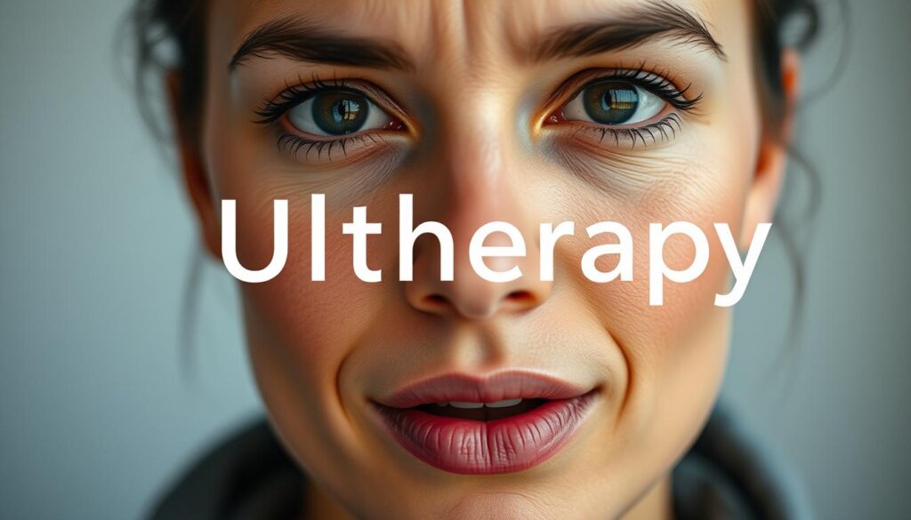 A well-lit, close-up portrait of a person's face, mouth slightly open, pronouncing the word "Ultherapy" with perfect enunciation. The subject's expression should convey focus and intent, with a slight furrow of the brows to suggest the importance of correct pronunciation. The background should be blurred, placing the emphasis entirely on the subject's mouth and lips. Use a shallow depth of field and a high-quality camera lens to create a crisp, detailed image that showcases the nuances of the pronunciation. The overall mood should be one of educational clarity and attention to detail.