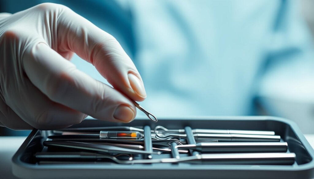 A well-lit, close-up scene of a dentist's hand carefully selecting a set of dental tools from a tray. The tools are arranged neatly, with a focus on the different shapes, sizes, and functions of each instrument. The background is blurred, placing emphasis on the delicate process of choosing the appropriate tool for a specific dental procedure. The lighting is soft and diffused, creating a sense of professionalism and attention to detail. The overall mood is one of precision, expertise, and the importance of selecting the right tool for the job at hand.