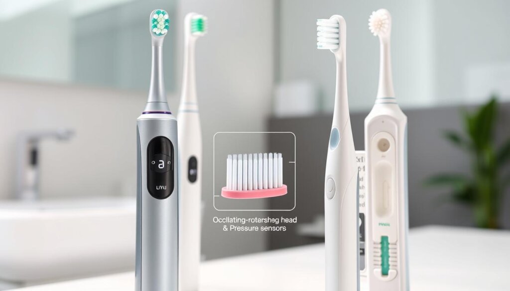 A well-lit, close-up view of various electric and manual toothbrushes, showcasing their unique features. In the foreground, an electric toothbrush with oscillating-rotating head and pressure sensors stands prominently. Behind it, a traditional manual toothbrush with a soft, multi-tufted bristle design. In the middle ground, a cross-section diagram highlighting the internal mechanisms and technology within the electric model. In the background, a blurred backdrop of a modern bathroom setting, suggesting the importance of these tools in maintaining oral health. The lighting is bright and natural, emphasizing the details and textures of the toothbrushes. The overall scene conveys the role of specific features in the effectiveness and performance of these dental hygiene products.