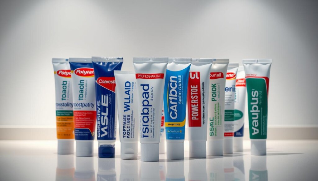 A well-lit countertop display showcasing an assortment of toothpaste tubes used by dental hygienists. The foreground features several popular professional-grade toothpaste brands, each with a distinct label design, color, and texture. The middle ground shows an array of specialized toothpaste formulas, including sensitivity, whitening, and cavity-protection varieties. In the background, a clean, minimalist backdrop highlights the toothpaste products in a clinical yet aesthetically pleasing manner. The overall composition conveys professionalism, attention to detail, and the importance of dental hygienists' choices in toothpaste for their patients' oral health.