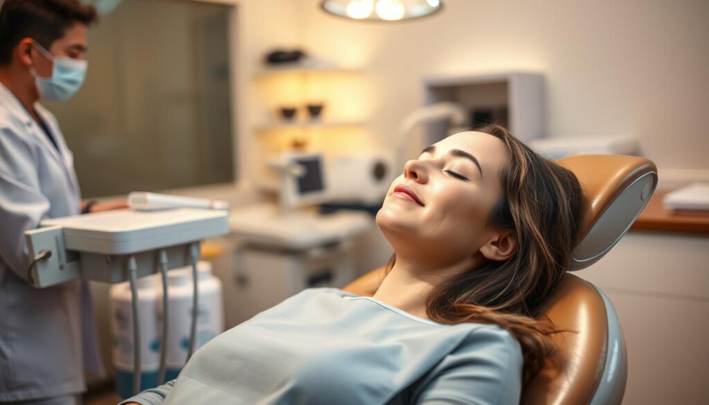 A well-lit, cozy dental office setting. A patient relaxing in a comfortable chair, eyes closed, preparing for their sedation appointment. The dentist and assistant stand nearby, ready to gently guide the patient through the procedure. Soft, soothing lighting illuminates the scene, creating a calming atmosphere. The room is clean and modern, with medical equipment and supplies neatly organized. The patient's expression conveys a sense of trust and ease, as they confidently entrust their care to the experienced dental team. The image captures the moment before the sedation begins, highlighting the importance of preparation and patient comfort in this specialized dental treatment.