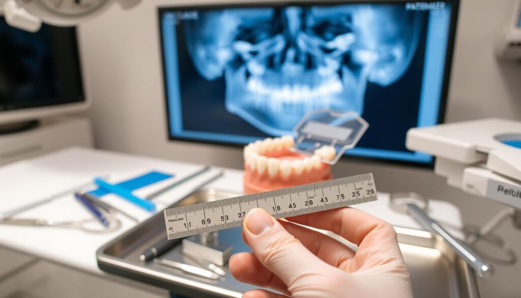 A well-lit dental office setting, with various dental instruments and tools neatly arranged on a stainless steel tray. In the foreground, a dentist's hand holds a dental ruler, meticulously measuring the dimensions of a patient's teeth. In the middle ground, a model of a human jaw is visible, showcasing the different measurement points a dentist would assess, such as gum line, tooth length, and interdental spacing. The background features a panoramic x-ray image, offering a comprehensive view of the patient's dental structure. The scene conveys a sense of precision, attention to detail, and the essential role of measurements in the dentist's diagnostic and treatment process.
